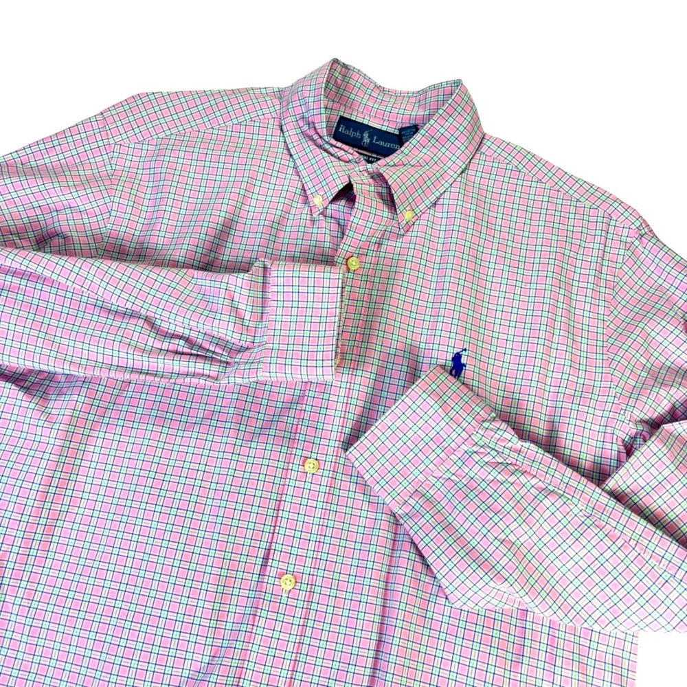 Ralph‎ Lauren Mens Classic Fit Plaid Button Down Shirt Pink Green Blue Large